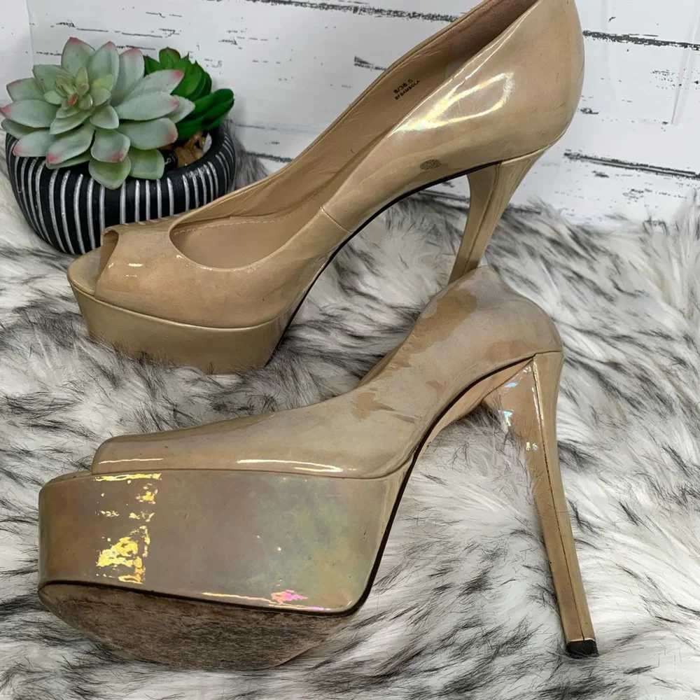 BRIAN ATWOOD Patent Leather Open Toe Platform Heels *AS IS*, 8